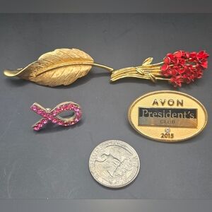 Vintage Avon Gold Leaf and Red Floral Brooch with Pink Ribbon Pin